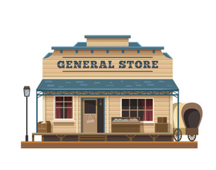 Western Wild West general store town building, vector old american architecture. Cartoon house of Texas town general store, retail shop or grocery with wood facade, windows, door and Wild West wagon