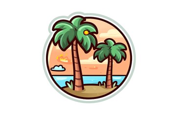 Obraz premium two palm trees on a sandy beach with blue water in the background. Generative AI