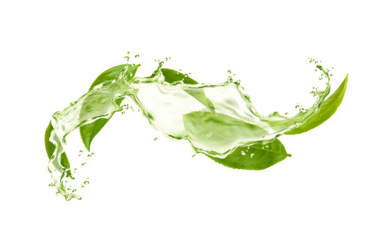Herbal drink wave splash with green tea leaves and flow with water drops. Vector cold beverage swirl with realistic 3d leaves of fresh mint and peppermint plant, droplets, bubbles and ripples