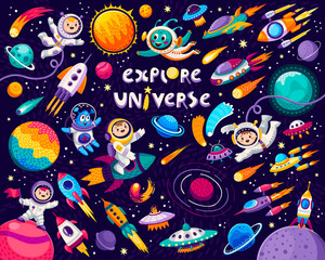 Cartoon kids space and galaxy, astronauts, planets and rockets. Vector cosmic repeated background with funny cosmonauts in space suits flying in universe among shuttles, comets, stars and satellites © Vector Tradition