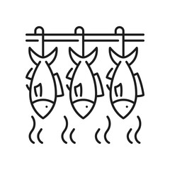 Salted cod or herring fish on hooks, fishery manufacture and seafood production. Vector trout or atlantic salmon on conveyor