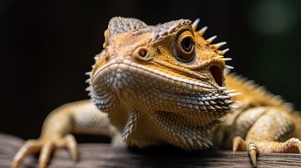 Fototapeta premium A bearded dragon sits on a wooden branch, looking straight at the camera with a curious expression