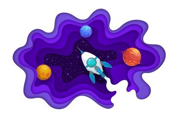 Space paper cut. Space rocket, planets and starry galaxy universe vector landscape in 3d wavy layered origami frame. Double exposure cartoon galaxy with planets, stars and alien world spaceship