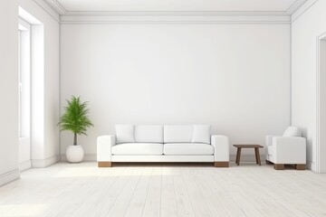 modern living room with a white couch and green potted plant. Generative AI