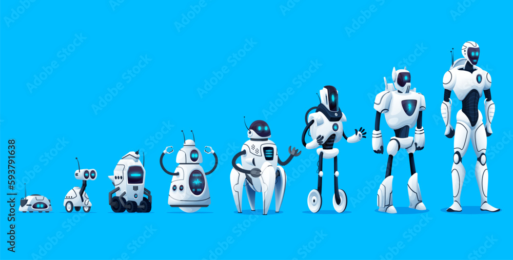 Poster robots evolution, vector timeline of robotics technology. progress of mechanical cyborg characters g