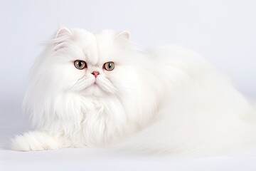relaxed white fluffy cat lounging on a white background. Generative AI