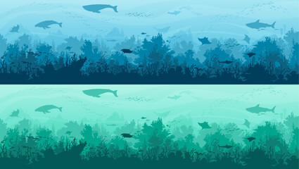 Underwater landscape silhouette backgrounds, fishes, manta ray and whales, cartoon vector. Sea or ocean deep water and coral reef undersea landscape with silhouette of sharks and seaweeds in deep - obrazy, fototapety, plakaty