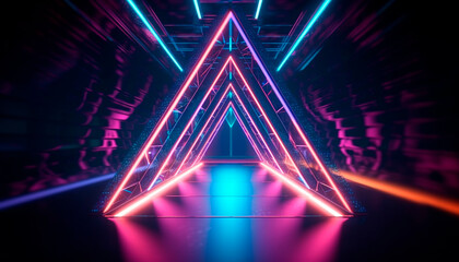 Fototapeta na wymiar 3d render, abstract colorful neon background, triangular tunnel illuminated with ultraviolet light