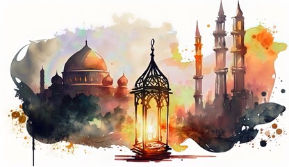 Watercolor painting Ramadan vibes a mosques landscape with candles lantern