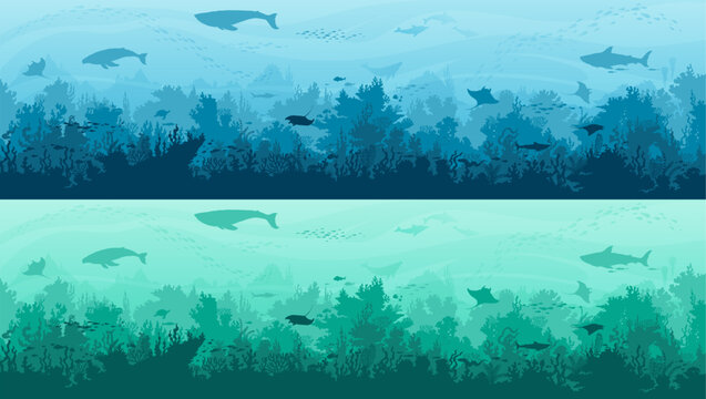 Underwater landscape silhouette backgrounds, fishes, manta ray and whales, cartoon vector. Sea or ocean deep water and coral reef undersea landscape with silhouette of sharks and seaweeds in deep