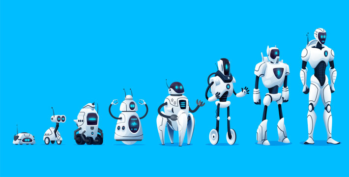 Robots evolution, vector timeline of robotics technology. Progress of mechanical cyborg characters generations changing from primitive to futuristic hi-tech anthropomorphic intelligent machines