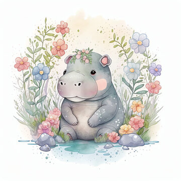 Cute hippo in watercolor styles created with generative Ai technology