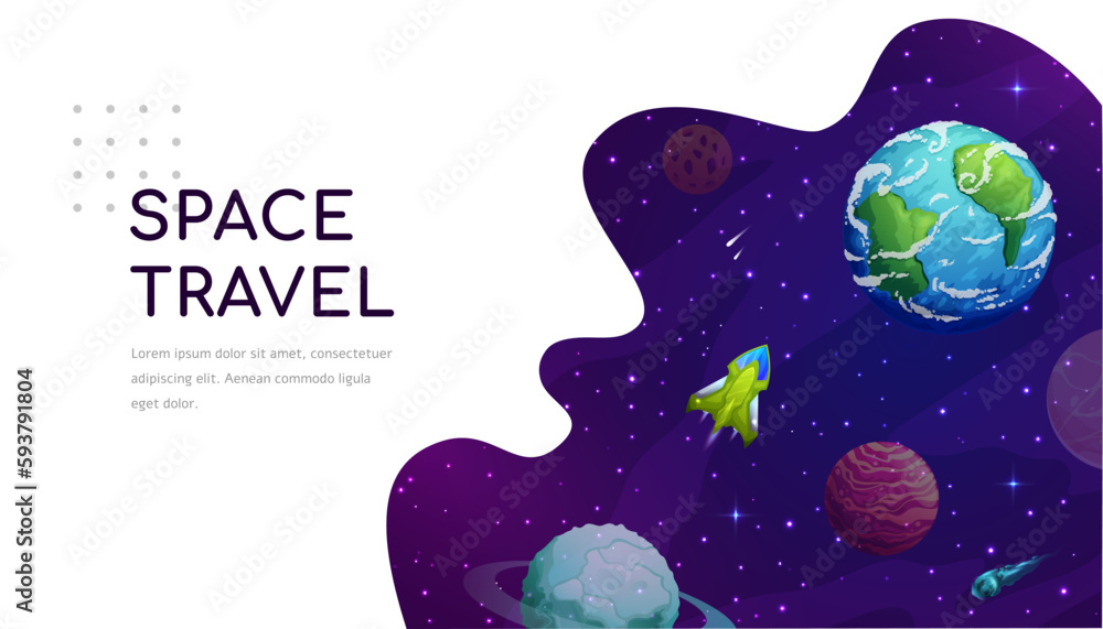 Poster space landing page, cartoon galaxy spaceship near earth planet, vector website background. galaxy un