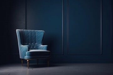 minimalist blue chair in a dimly lit room. Generative AI