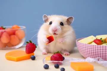 Cute little hamster on diet enjoying eating raw vegan food, fruits, berries. Concept for healthy lifestyle illustration. Made with Generative AI