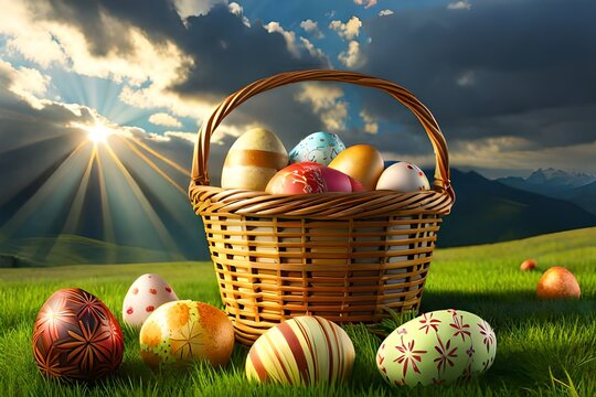 Sunny Easter Orchard: Painted Eggs in Grass Basket