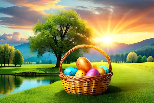 Sunny Easter Orchard: Painted Eggs in Grass Basket