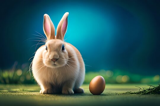 Blue Easter Bunny and Egg on Blue Background