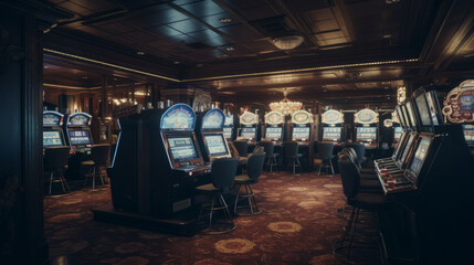 modern empty casino hall with game machines, general view. AI generated