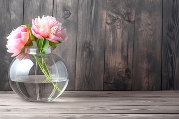 Bouquet of pink peony flowers in round vase on grey rustic background with copy space. Made with generative AI