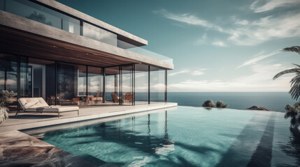 Fototapeta na wymiar Luxury residential minimalist villa with pool and ocean. Al generated