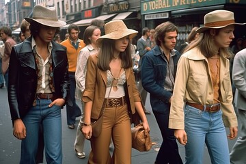 Vintage picture of a young stylish people walking in a city street in 1974. Generative AI - obrazy, fototapety, plakaty