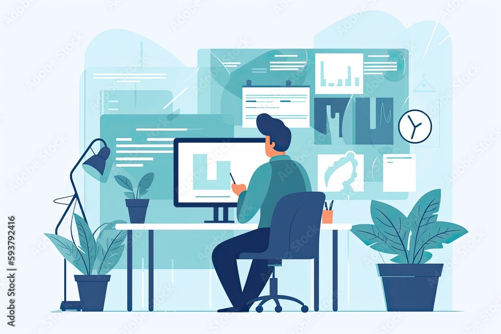 Poster person working on a computer at a desk. generative ai