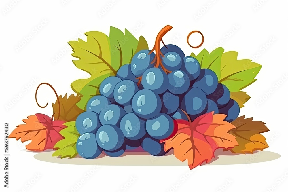 Poster cluster of grapes with leaves isolated on a white background. generative ai