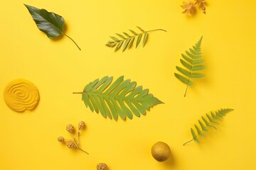 Fototapeta na wymiar green leaves and nuts on a yellow background. Generative AI