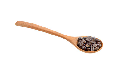 Coffee beans.in wooden spoon  Isolated on transparent png