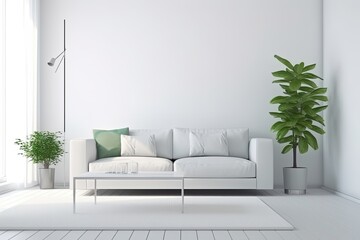 Fototapeta na wymiar Minimalistic Living Room with White Couch and Potted Plant. Generative AI