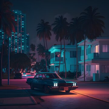 beach at night. Night Beach Illustrations. Palmy Island. palm trees silhouette. Car At Miami Beach. GTA V Miami Beach. Miami Art. Generative AI.