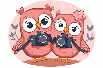 two cute pink owls carrying cameras on their backs. Generative AI