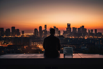 Fototapeta na wymiar A man working remotely with stunning panoramic view of evening city after sunset. Generative ai