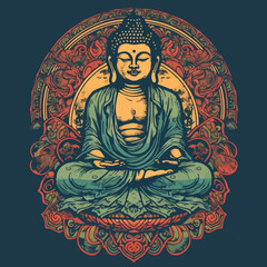 Buddha reaching nirvana, on the top of a very tall mountain, super vibrant illustration design