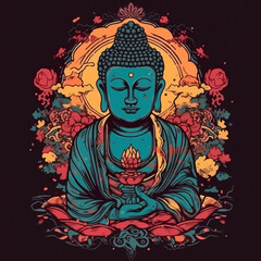 buddha art illustration, synthwave style, with a contour and dark background