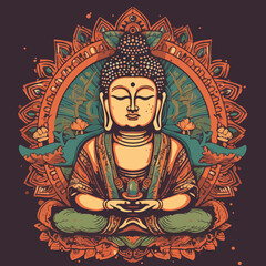 Obraz premium Buddha reaching nirvana, on the top of a very tall mountain, super vibrant illustration design