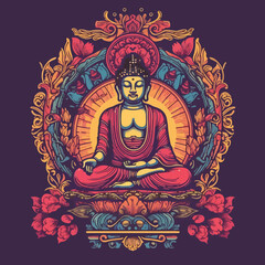 Fototapeta na wymiar Buddha reaching nirvana, on the top of a very tall mountain, super vibrant illustration design