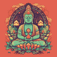 Fototapeta premium Buddha reaching nirvana, on the top of a very tall mountain, super vibrant illustration design