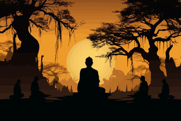 Serene meditating Buddha, religious silhouette, monastic setting, sunset scene
