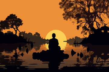 Fototapeta na wymiar Serene meditating Buddha, religious silhouette, monastic setting, sunset scene