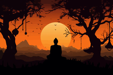 Serene meditating Buddha, religious silhouette, monastic setting, sunset scene