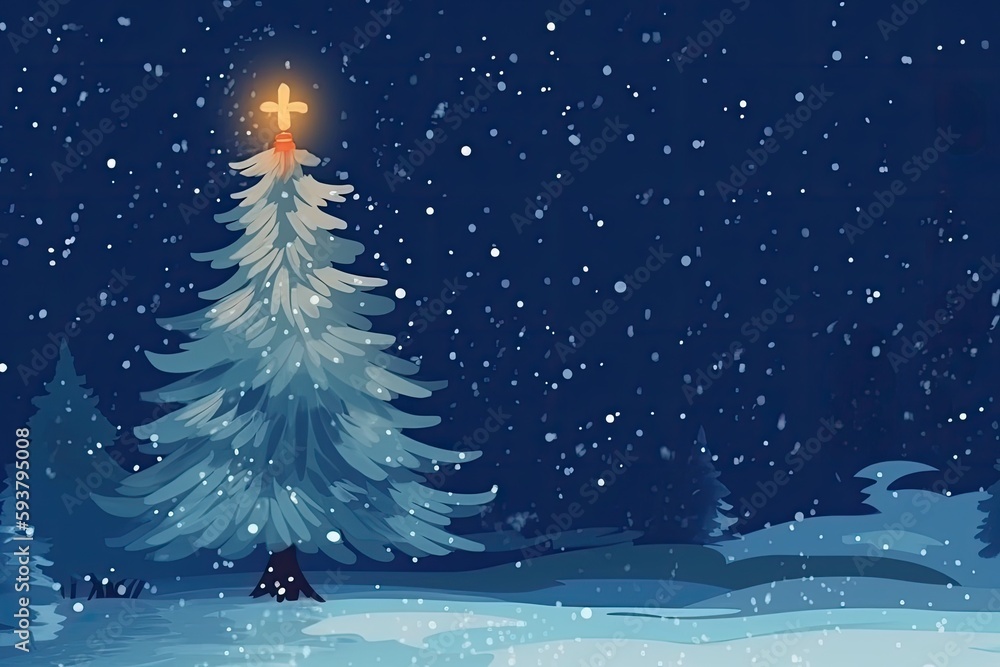 Canvas Prints cozy winter night with a glowing Christmas tree in the snow. Generative AI