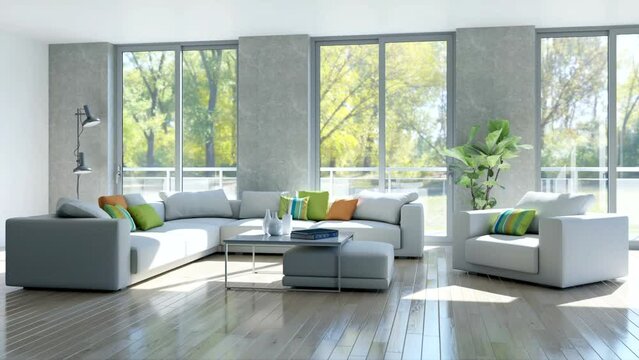 3d video rendering footage contemporary interior design of the living room. Stylish interior of the living room
