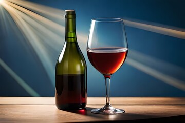 A bottle of red wine with a glass beside it on a table - generativa IA