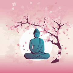 Fototapeta na wymiar buddha statue with cherry blossom. mediation and zen concept. designed using