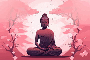 buddha statue with cherry blossom. mediation and zen concept. designed using