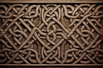 Wooden background, texture of carved oak planks, Celtic knot - obrazy, fototapety, plakaty