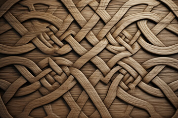 Wooden background, texture of oak planks with carved Celtic knot