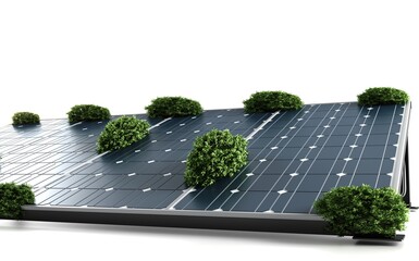 Fototapeta premium Sustainability Concept. 3d Solar panels covered with plants over green background. 3d rendering. 